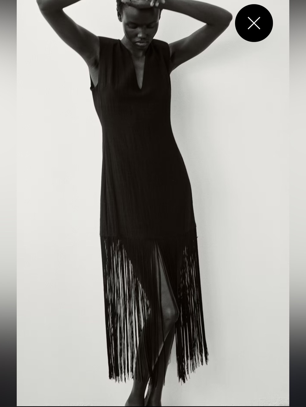 ISO H&M Black Sleeveless Fringe Midi Dress w/ Shoulder Pads
